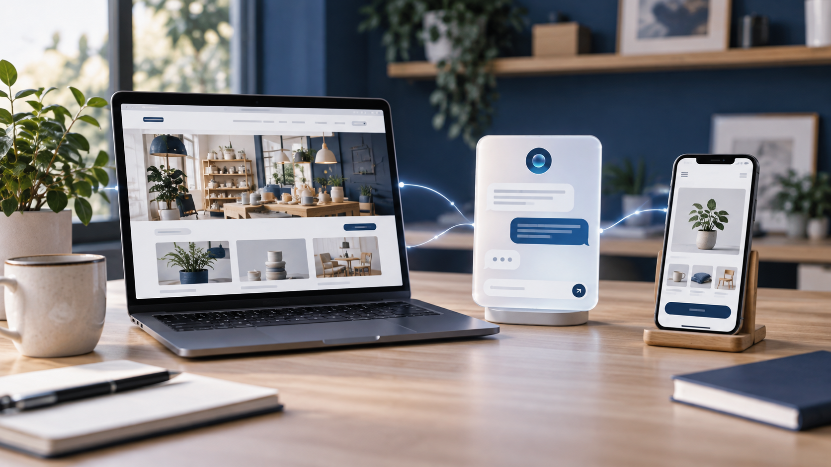 Ordenador con web empresarial, asistente de IA y aplicación móvil conectados para una pyme
